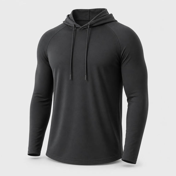 PrimeBuild Men's Quick-Dry Hooded Training Shirt in black, angled front view showing the drawstring hood and raglan sleeves