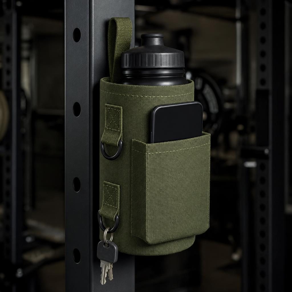 Close-up of the army green bottle holder on a steel rack upright with a bottle, phone and keys