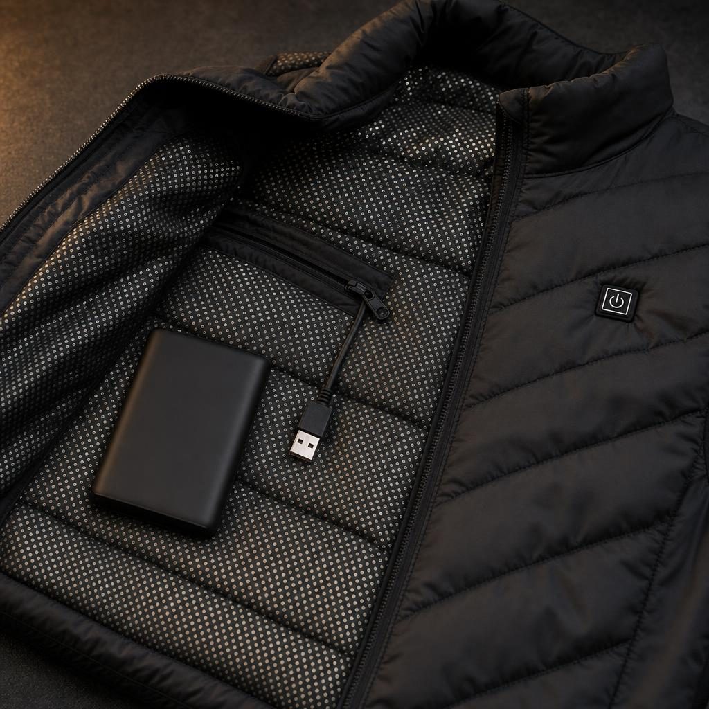 Inside of the black heated vest: silver dot-print lining, inner zip pocket with USB cable and a power bank