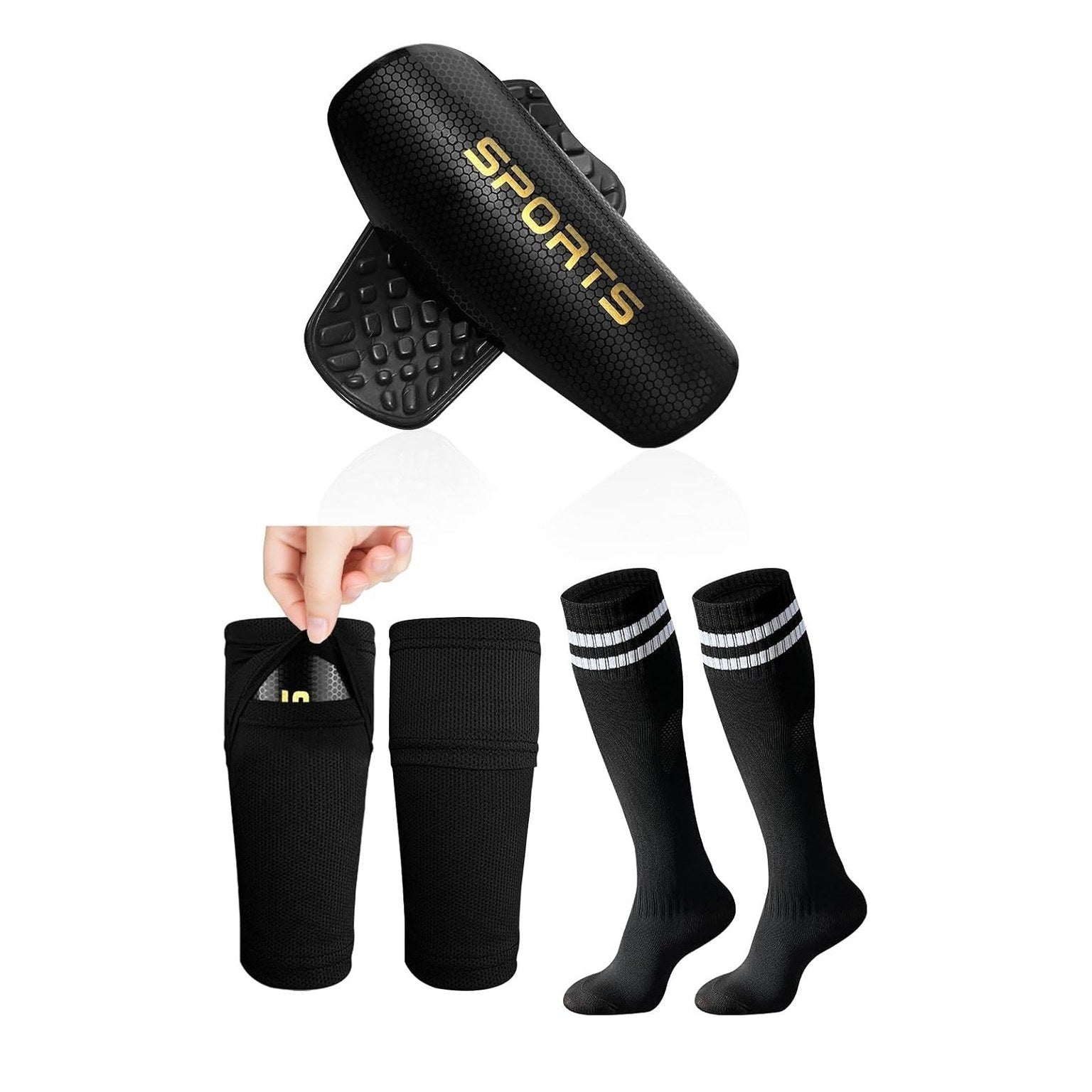 Real product photo: two black honeycomb shin guards with gold SPORTS lettering, two black mesh sleeves and two black knee-high socks with white stripes