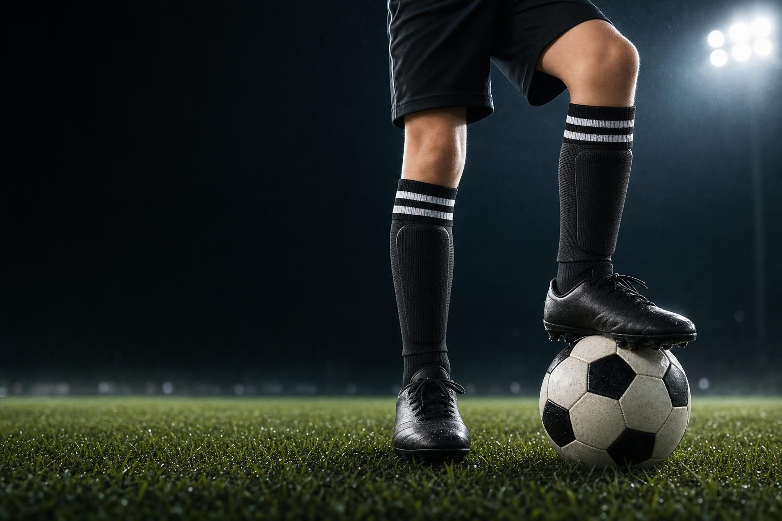 Young soccer player's legs in black striped socks and shin guard sleeves, one foot on the ball under floodlights
