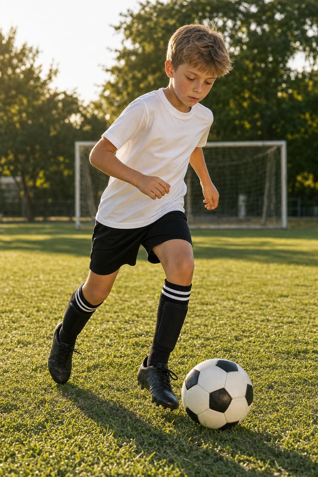Child dribbling a soccer ball on a grass pitch wearing the striped socks and shin guard sleeves