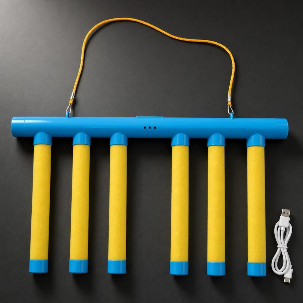 Blue bar with six yellow sticks, hanging cord and USB cable on a dark surface