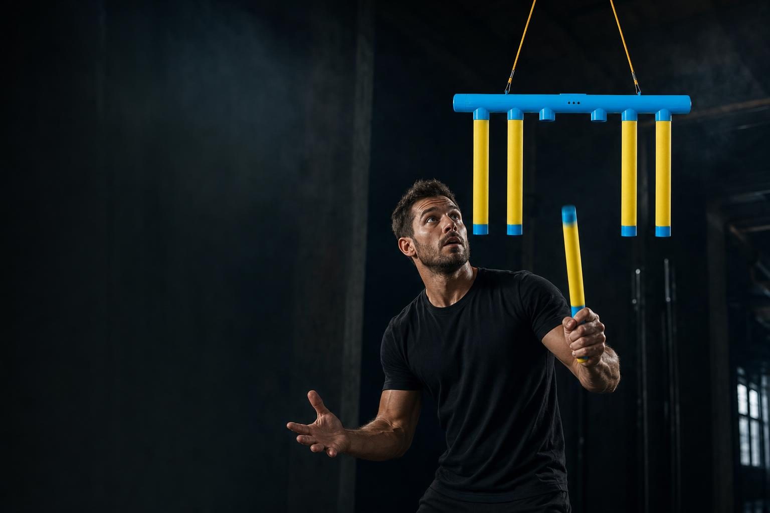 Man catching a yellow stick dropped from the blue Catching Sticks Game bar in a dark gym