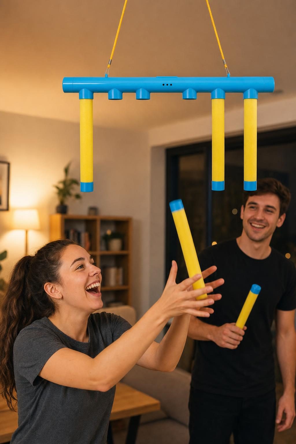 Two friends playing the catching sticks game in a living room