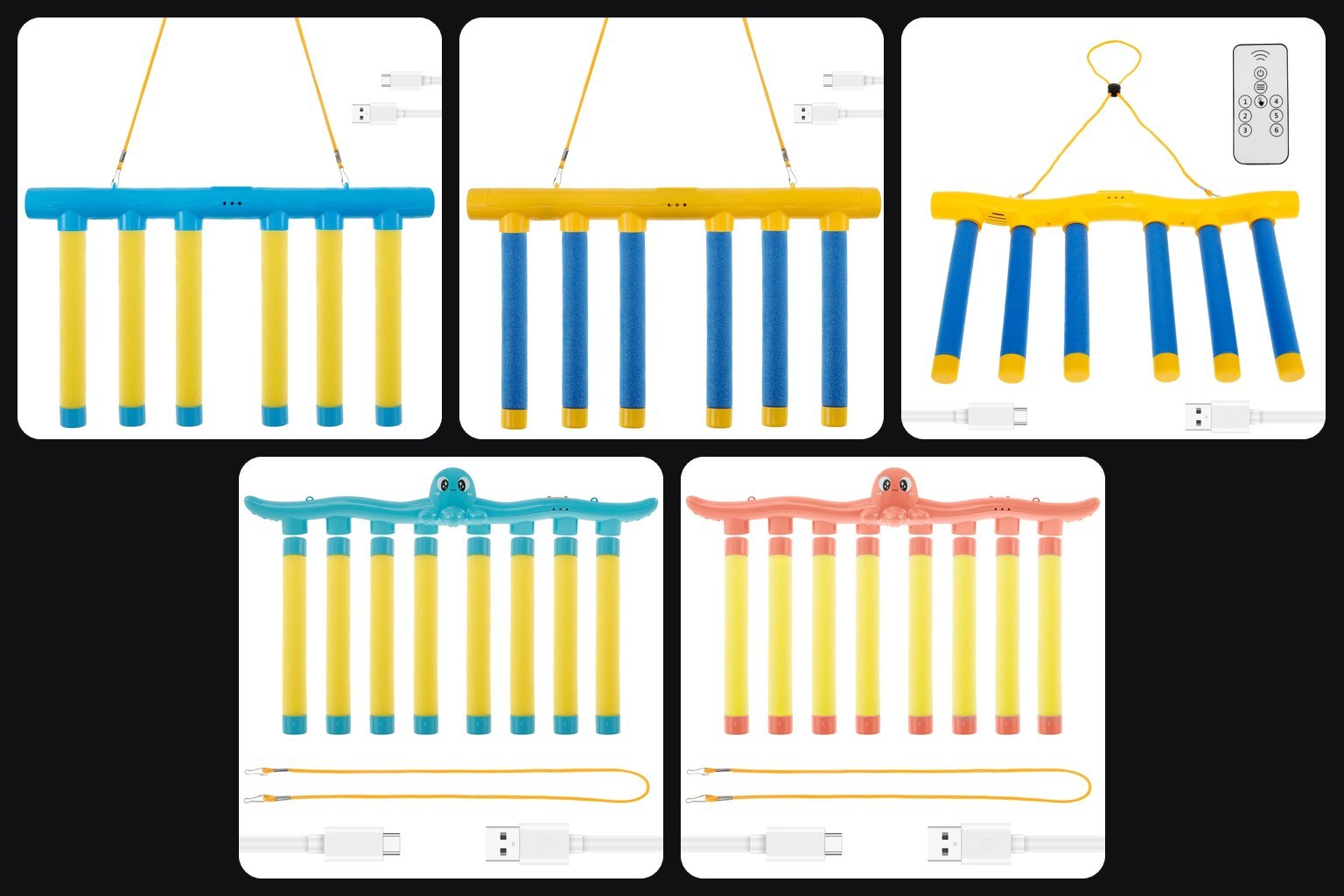 The five styles side by side: blue straight bar with yellow sticks, yellow straight bar with blue sticks, yellow wavy bar with blue sticks pictured with a remote control, and blue and pink octopus-shaped bars with eight yellow sticks each