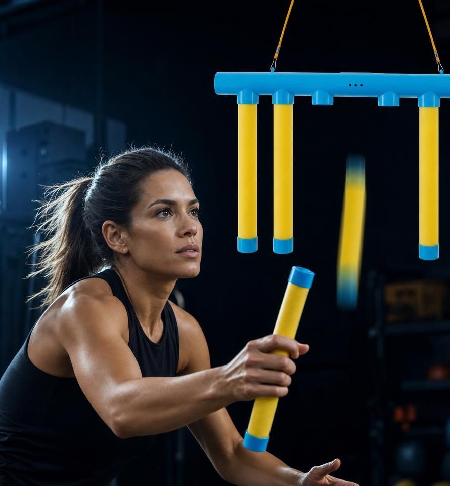Woman catching a yellow stick dropped from the blue Catching Sticks Game bar