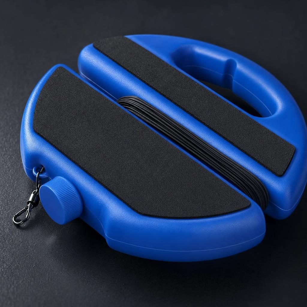 Underside of the blue base with two black anti-slip strips and the cord wound in the groove