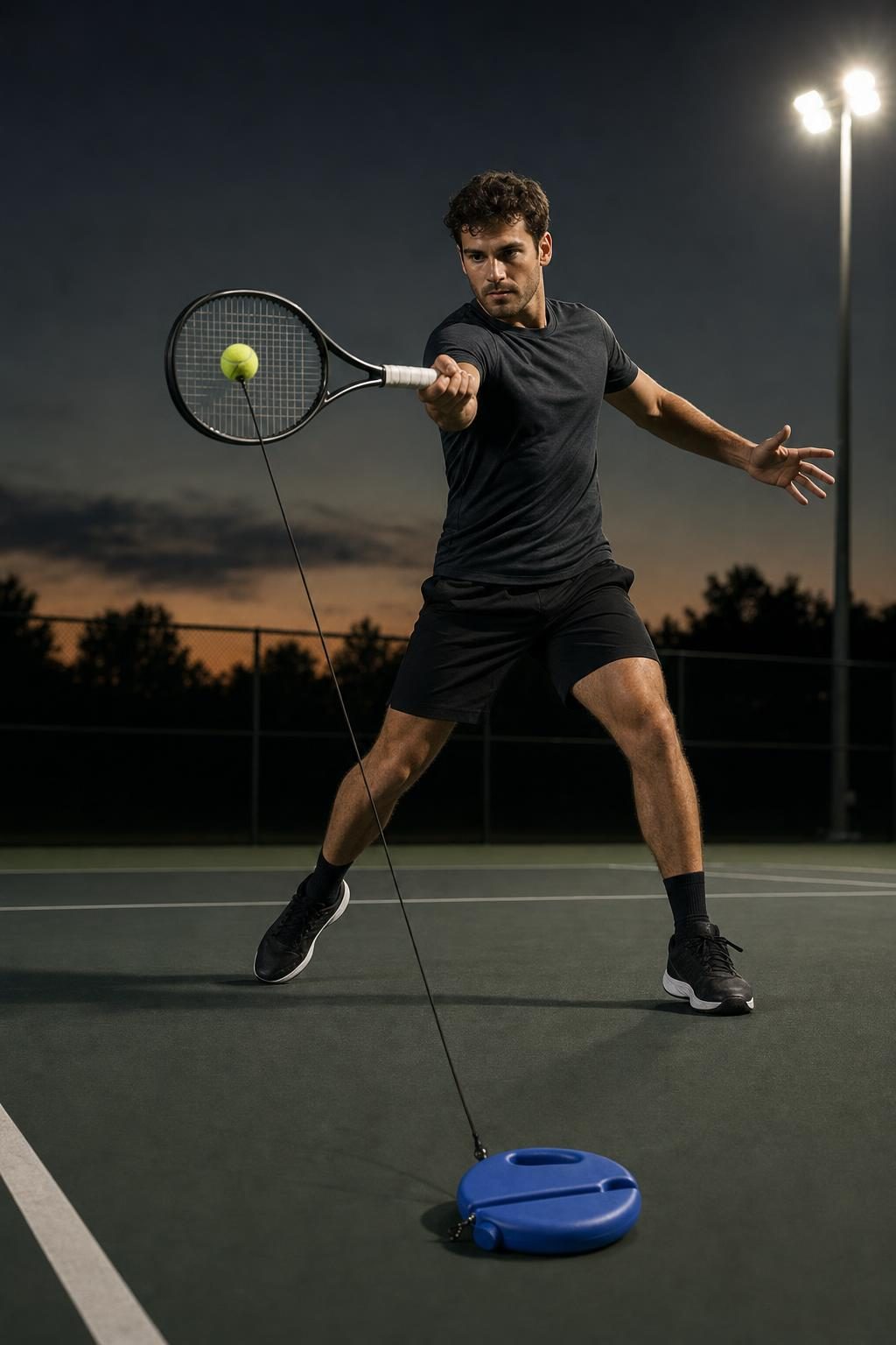 Player hitting a forehand at night with the tennis rebound trainer base and elastic cord on the court