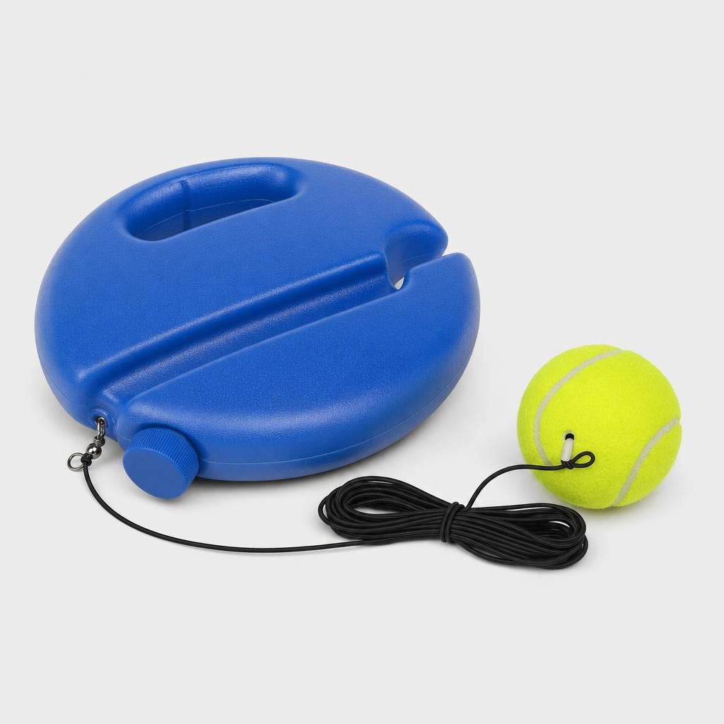 Tennis rebound trainer: blue base with a tennis ball on its elastic cord