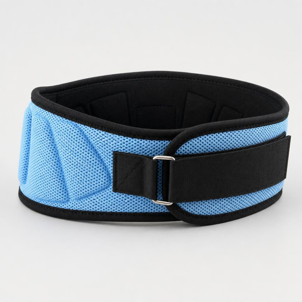 Self-locking weight lifting belt with padded blue core support