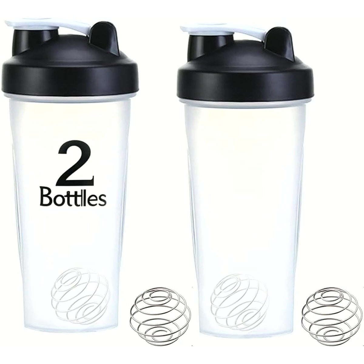 PrimeBuild shaker set graphic with a 2 Bottles label: two clear shakers, black lids, white flip caps and wire mixing balls