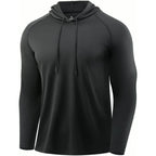 PrimeBuild Men's Quick-Dry Hooded Training Shirt in black on a white background, front view with hood and drawstrings