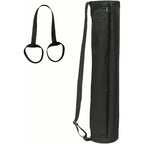 PrimeBuild Yoga Mat Carry Bag in black standing upright with zipper and shoulder strap, next to a black loop strap