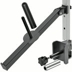 PrimeBuild Landmine Attachment arm on a gray rack upright, sleeve beside the post, inset of bracket, knob, pin and adapter