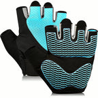 PrimeBuild Women's Workout Gloves on white, black with light blue mesh back, padded palm and gray finger tabs