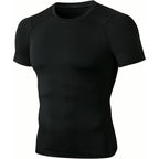 PrimeBuild Men's Compression Training Tee in black, short-sleeve crew neck, front view on a white background