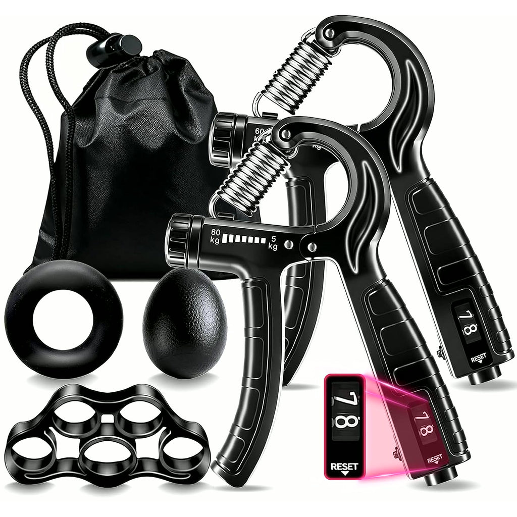 5-In-1 Grip Strength Trainer Kit with Counter, Adjustable Hand Grip(11-132 Lbs), Finger Stretcher, Grip Ring & Stress Ball – Grip Strength Trainer for Adults, Home Gym, Arm Workout Equipment