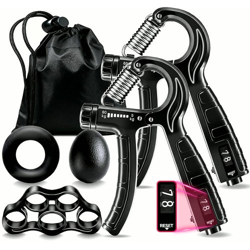 5-In-1 Grip Strength Trainer Kit with Counter, Adjustable Hand Grip(11-132 Lbs), Finger Stretcher, Grip Ring & Stress Ball – Grip Strength Trainer for Adults, Home Gym, Arm Workout Equipment