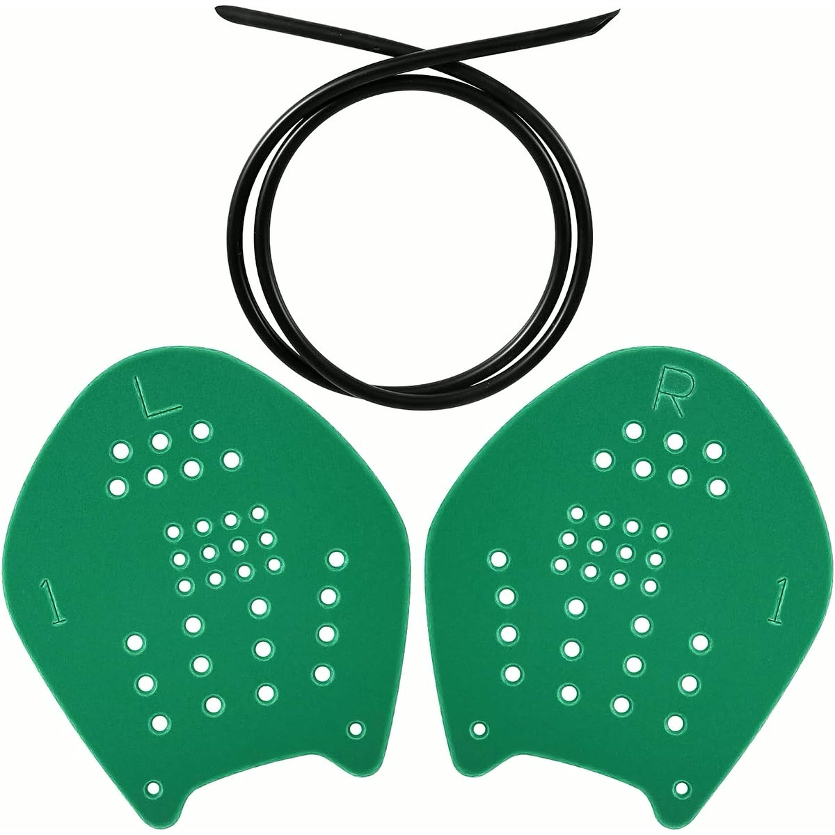 PrimeBuild Swim Training Hand Paddles, green L and R paddles shown flat with a coil of black strap tubing
