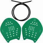 PrimeBuild Swim Training Hand Paddles, green L and R paddles shown flat with a coil of black strap tubing