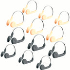 PrimeBuild Swim Nose Clips in beige and grey in staggered rows on white, each with a curved silver wire and rounded pads