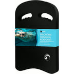 Front view of a black foam swim kickboard with two ridged hand slots, a blue printed packaging band and a white swirl logo