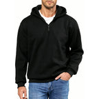 PrimeBuild Men's Quarter Zip Fleece Hoodie in black worn over a white T-shirt with jeans, front view