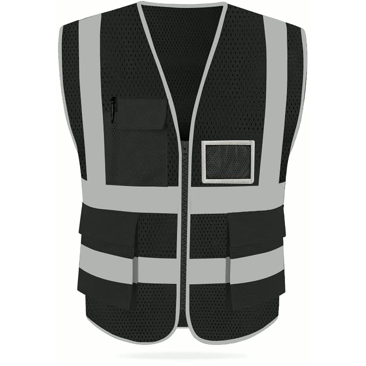 Front of PrimeBuild black mesh reflective vest: silver-grey stripes, chest pocket with pen slot, ID holder, 2 flap pockets