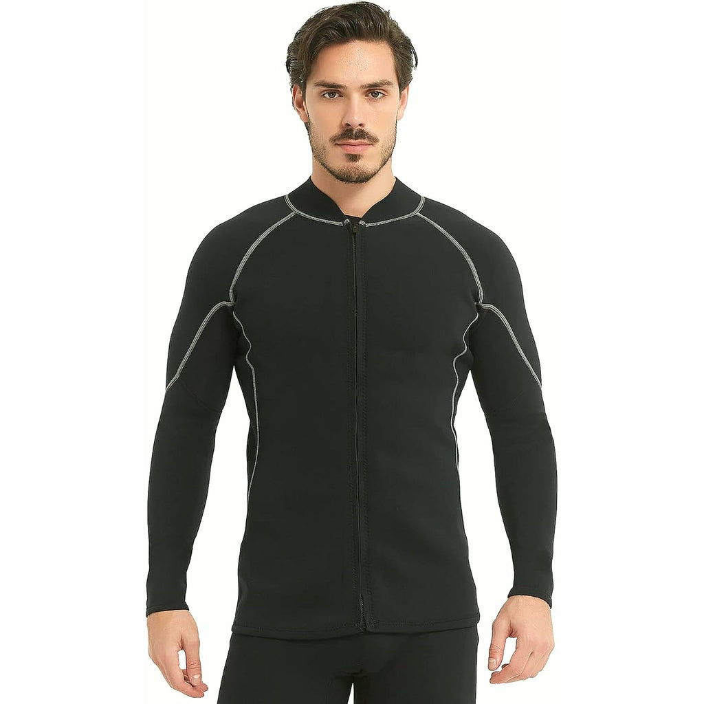 Men'S Wetsuit Top, 2Mm Long Sleeve Super-Stretch Neoprene Jacket | Mens Wetsuit Jacket, Front Zipper Surf Tops, Keep Warm, Neoprene Diving Suit for Surfing Swimming Snorkeling Kayaking