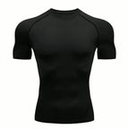 PrimeBuild Men's Compression Performance Shirt in Black, front view showing the crew neck and raglan seams