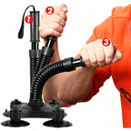 PrimeBuild Arm Wrestling Wrist Trainer in 3 numbered positions: upright, partly bent and bent nearly flat by a gripping hand