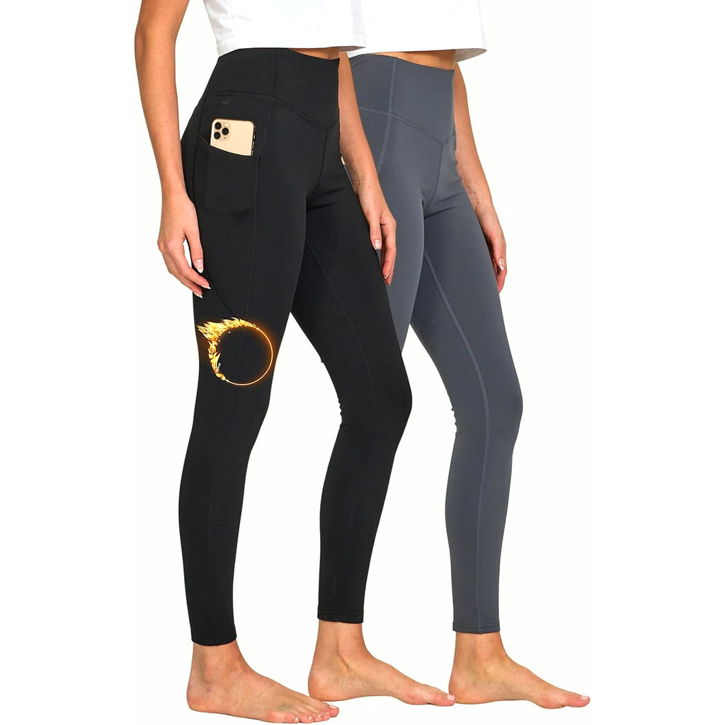 Lightweight Brushed Fleece Lined Leggings Women 2 Pk High Waisted Compression Womens Leggings with Pockets