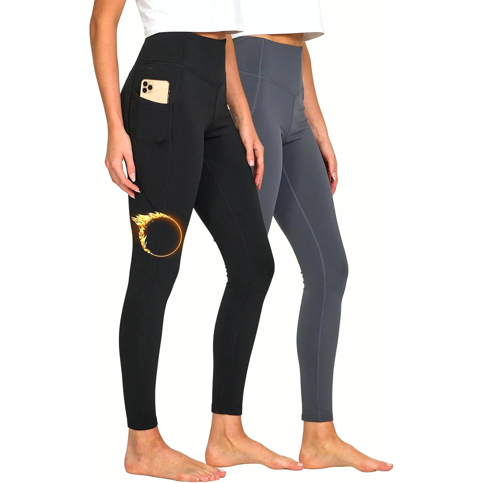 Lightweight Brushed Fleece Lined Leggings Women 2 Pk High Waisted Compression Womens Leggings with Pockets