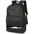 Black PrimeBuild Water-Resistant Gym Backpack with the bottom shoe compartment partly unzipped and a mesh side pocket