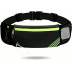 PrimeBuild Bounce-Free Running Belt in black and neon green shown with a key, earbud case and earphone cable