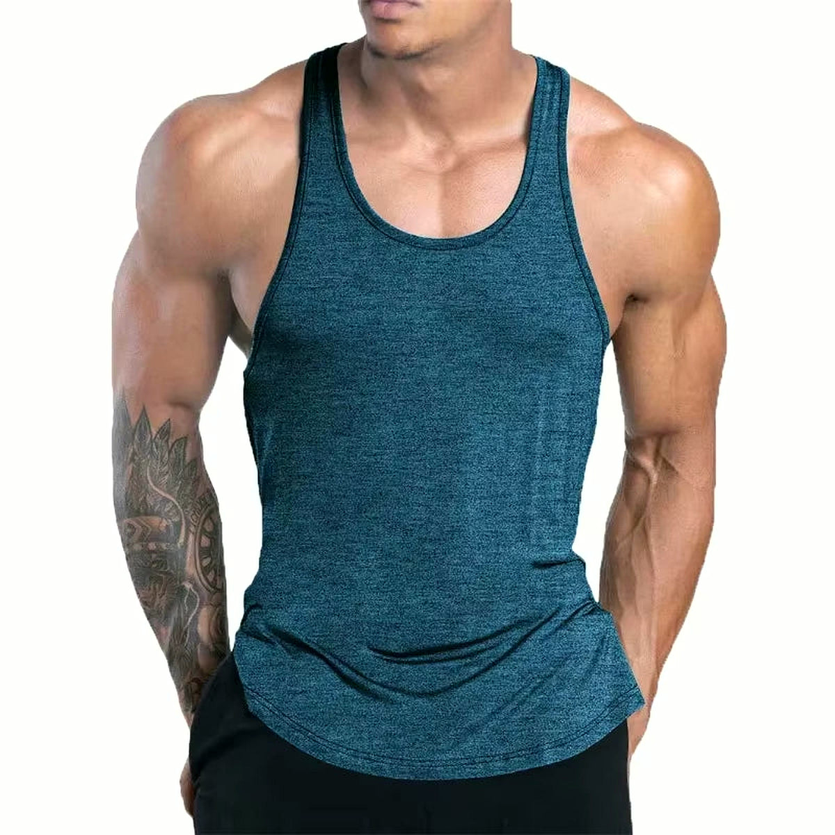 PrimeBuild Men's Quick-Dry Training Tank in Dark Blue heather on a model, front view with scoop neck and curved hem