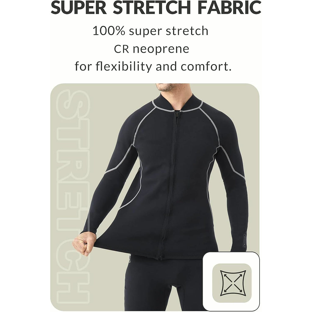 Men'S Wetsuit Top, 2Mm Long Sleeve Super-Stretch Neoprene Jacket | Mens Wetsuit Jacket, Front Zipper Surf Tops, Keep Warm, Neoprene Diving Suit for Surfing Swimming Snorkeling Kayaking