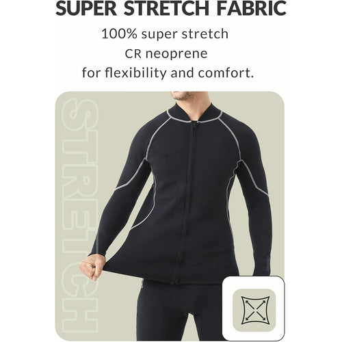 Men'S Wetsuit Top, 2Mm Long Sleeve Super-Stretch Neoprene Jacket | Mens Wetsuit Jacket, Front Zipper Surf Tops, Keep Warm, Neoprene Diving Suit for Surfing Swimming Snorkeling Kayaking
