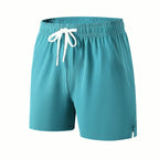 PrimeBuild Lightweight Training Shorts in teal blue, angled view with white drawcord, elastic waist, pocket and split hem