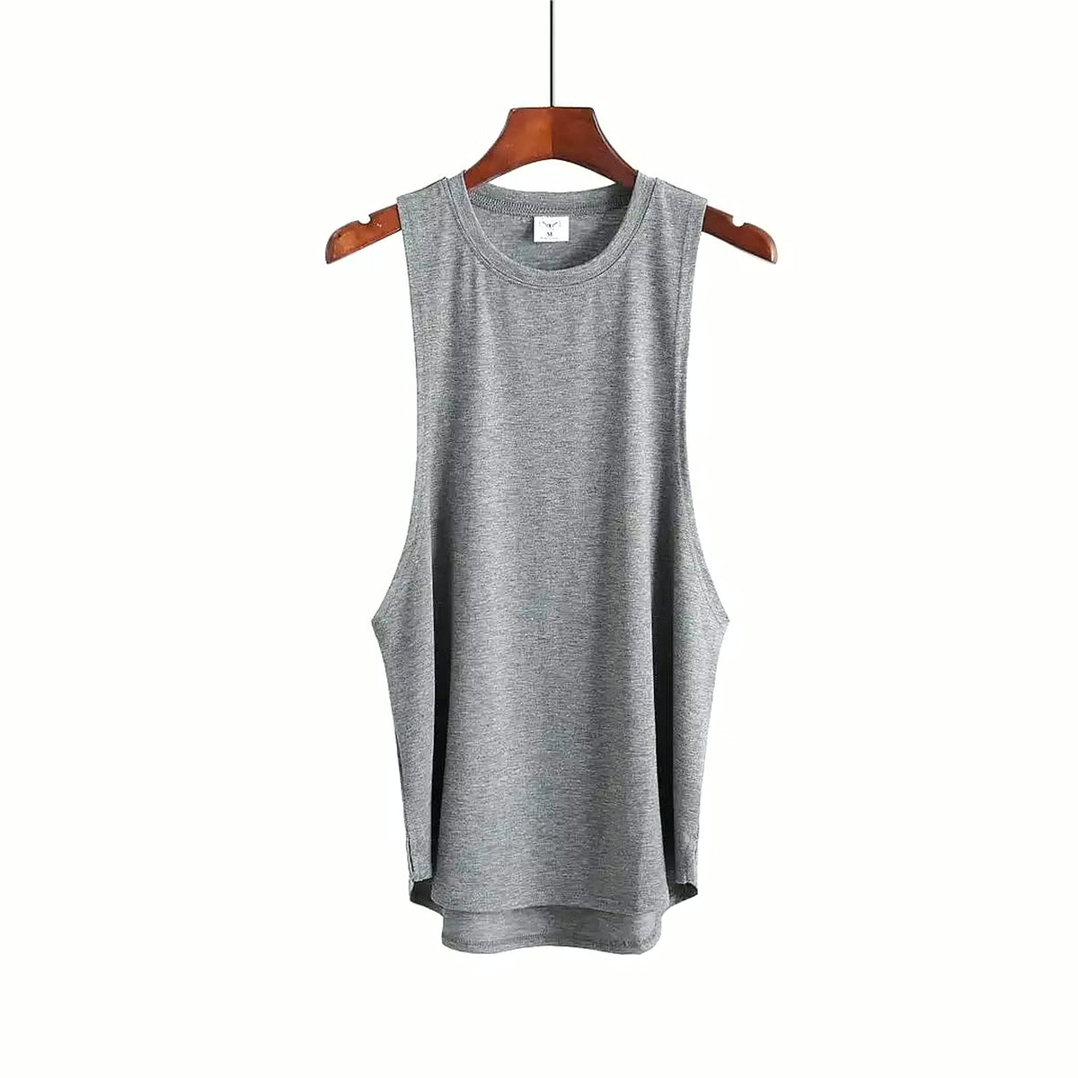 PrimeBuild Men's Stringer Gym Tank in gray, crew neck, on a hanger showing deep-cut armholes and curved hem