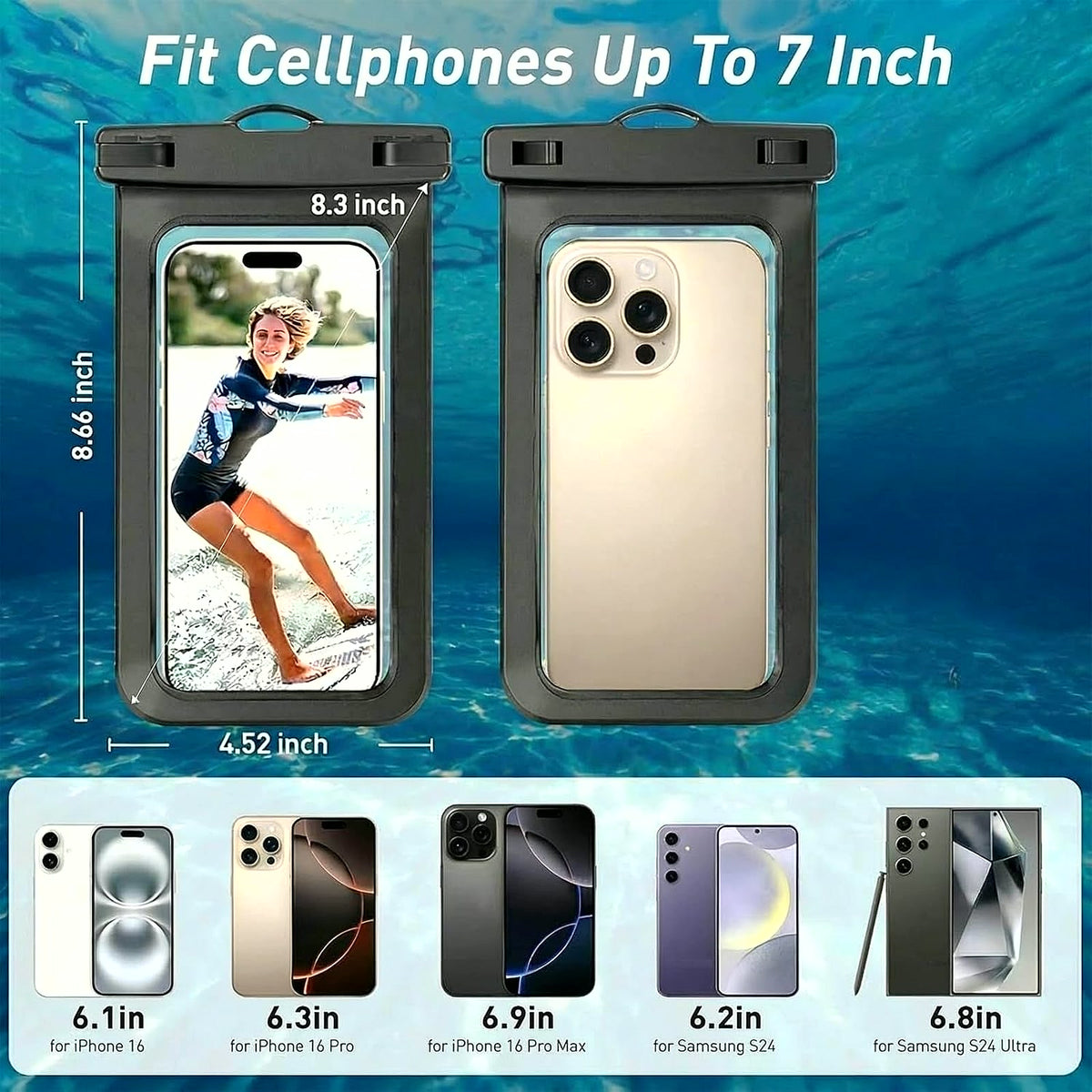 1/2/4 Waterproof Case Pouch Cellphone Dry Bag Compatible for Iphone 17 16 15 14 13Pro Max plus Black | Universal, up to 7",Cruise Ship, Kayak, Beach Essentials, IPX8 Water Resistant,1 Pack