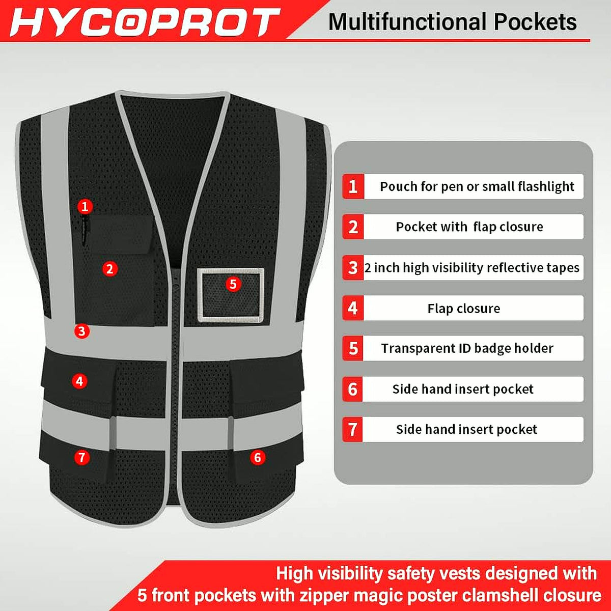 High Visibility Mesh Safety Reflective Vest with Pockets and Zipper, Meets ANSI/ISEA Standards