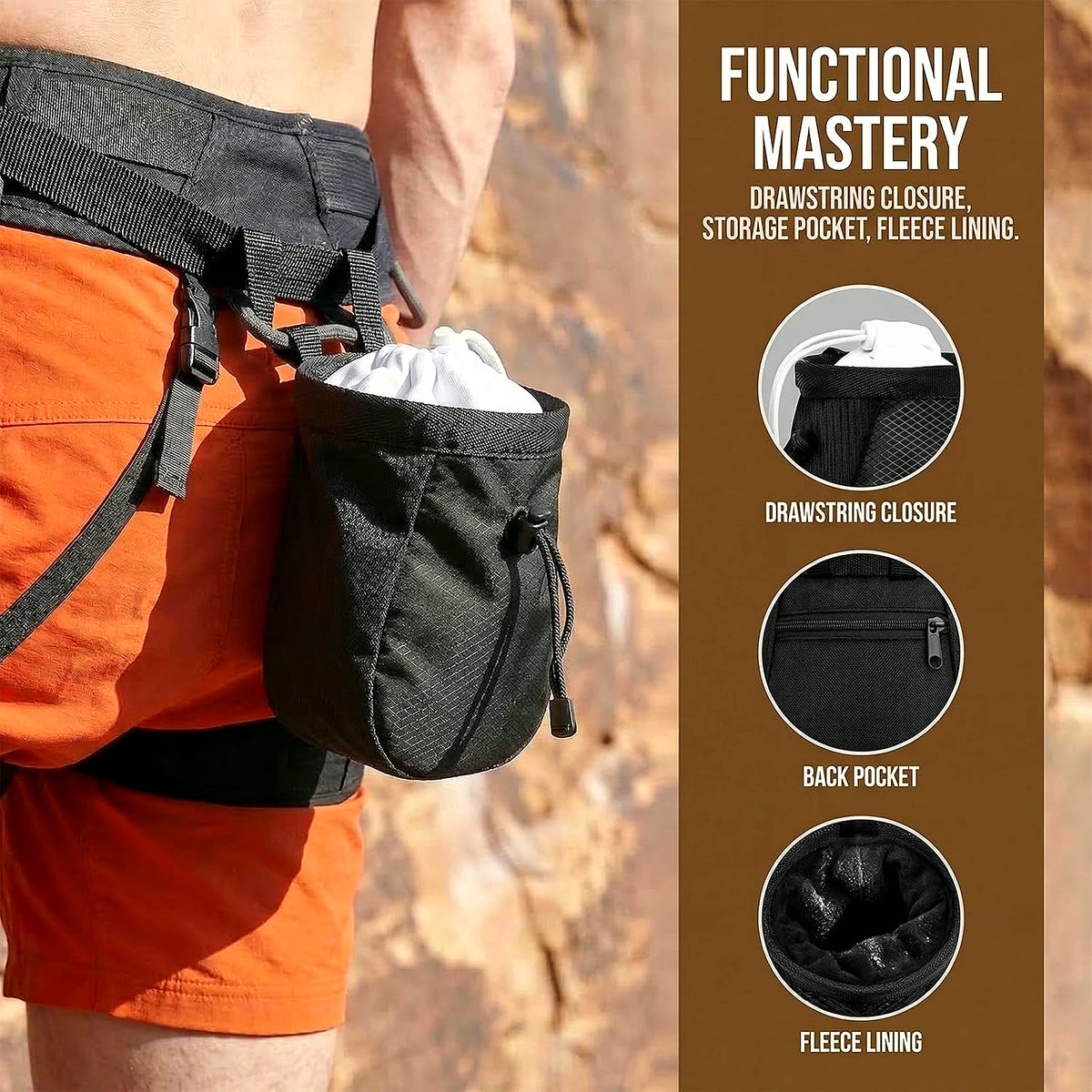Climbing Chalk Bag for Rock Climbing - with Chalk Ball - Adjustable Black Chalk Bag Bouldering for Rock Climbing Equipment