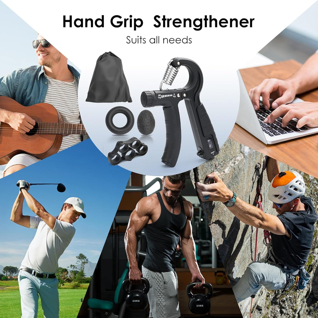 5-In-1 Grip Strength Trainer Kit with Counter, Adjustable Hand Grip(11-132 Lbs), Finger Stretcher, Grip Ring & Stress Ball – Grip Strength Trainer for Adults, Home Gym, Arm Workout Equipment
