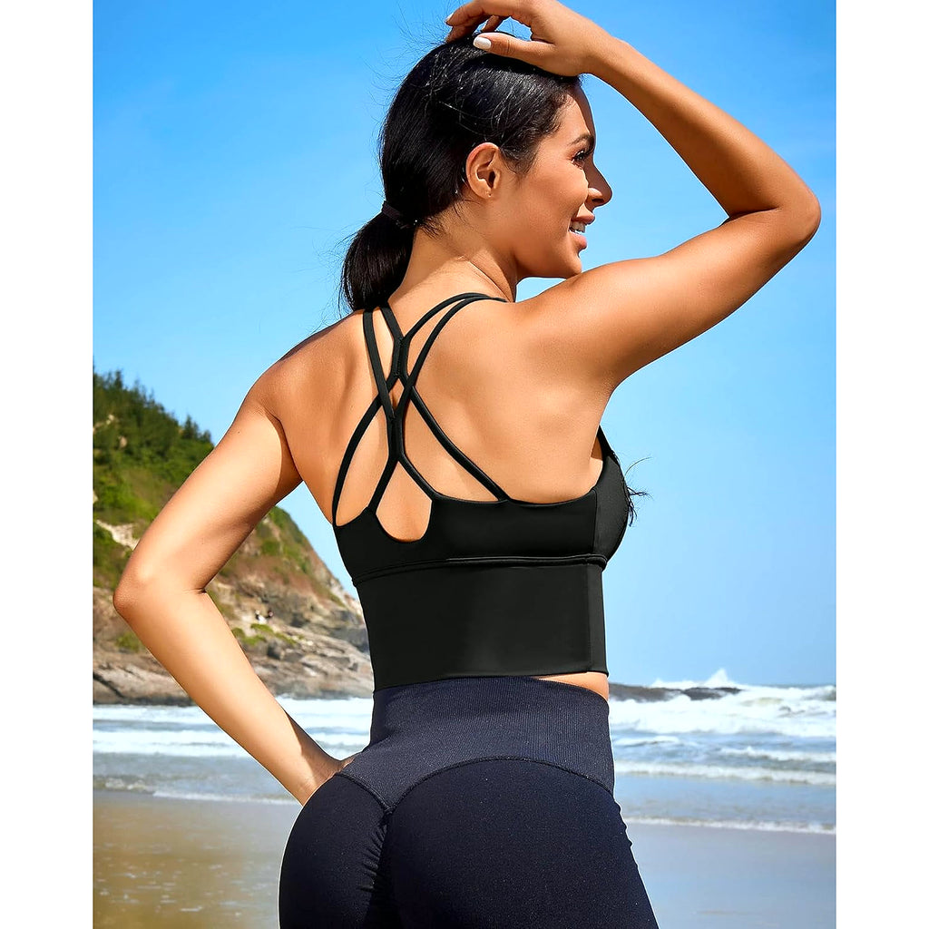 Sports Bras for Women High Support Longline Workout Tank Tops Built in Bra Padded Strappy Yoga Crop Top Cross Gym