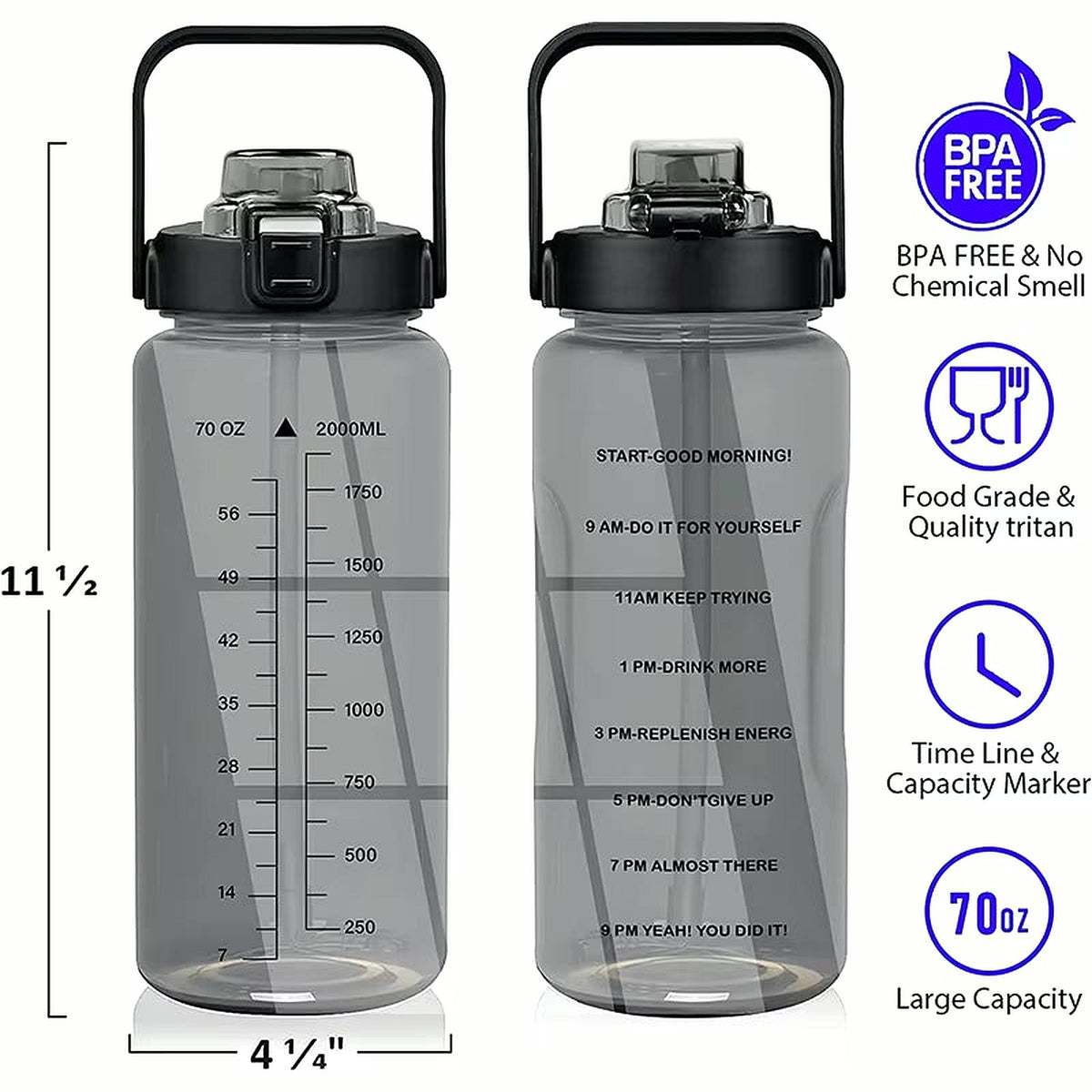 PrimeBuild 2L Motivational Water Bottle with Straw & Sleeve, product view 3