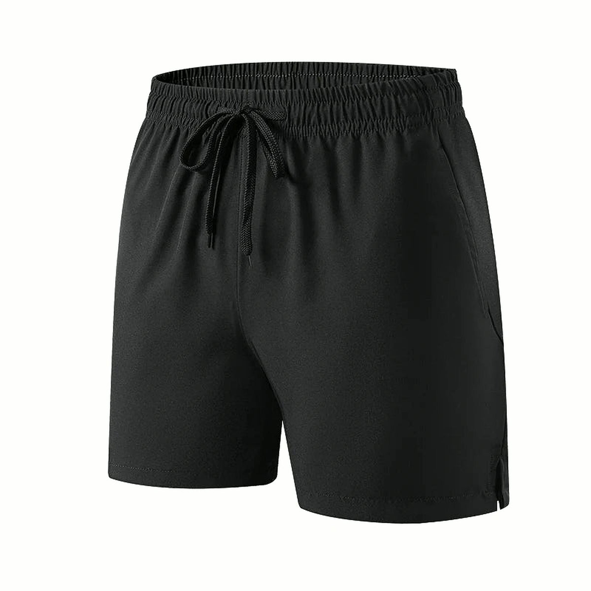 PrimeBuild Lightweight Training Shorts in black with black drawcord, elastic waistband, side pocket and split hem