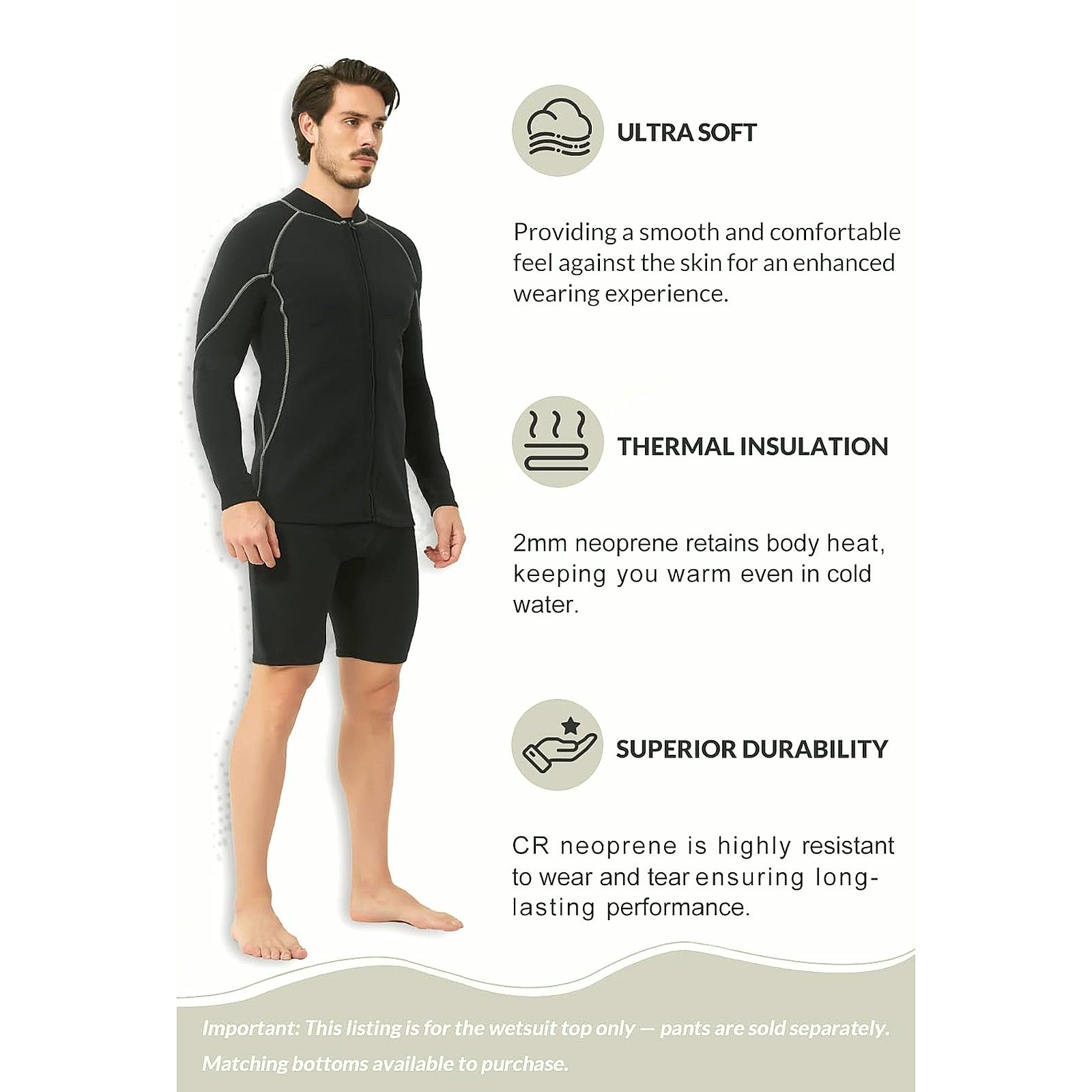 Men'S Wetsuit Top, 2Mm Long Sleeve Super-Stretch Neoprene Jacket | Mens Wetsuit Jacket, Front Zipper Surf Tops, Keep Warm, Neoprene Diving Suit for Surfing Swimming Snorkeling Kayaking