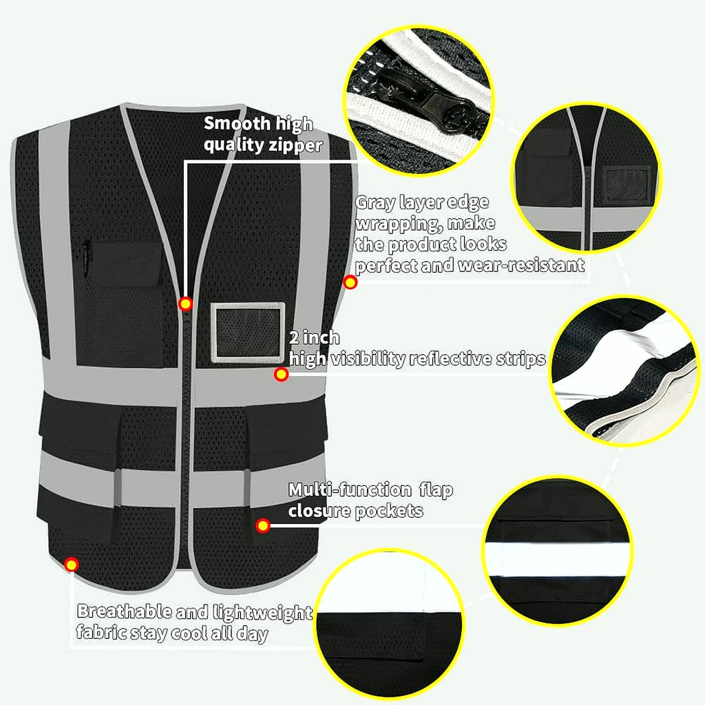 High Visibility Mesh Safety Reflective Vest with Pockets and Zipper, Meets ANSI/ISEA Standards